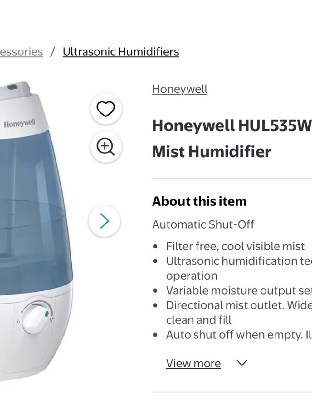 Honeywell Mist Humidifier - Model HUL535W